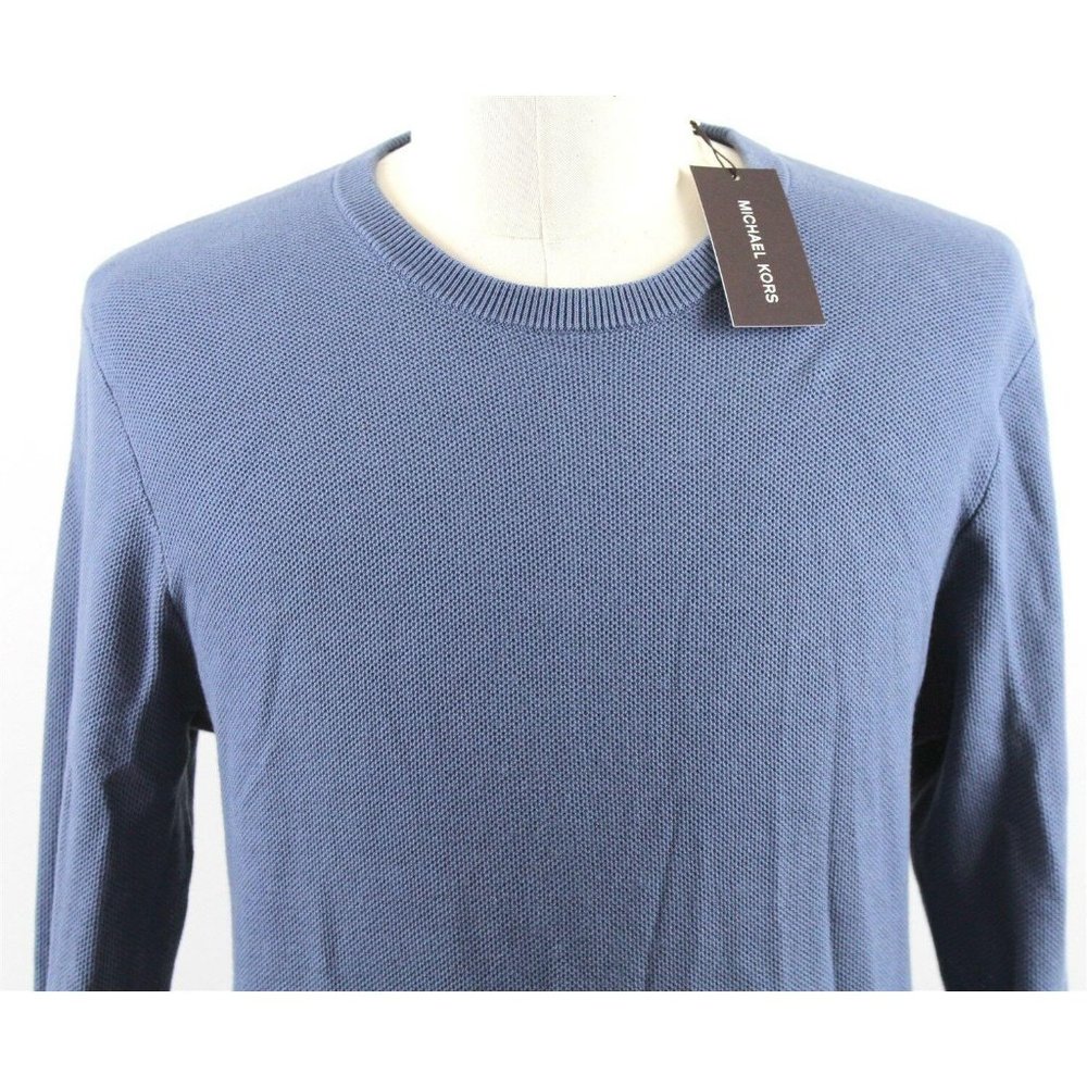 NWT Michael Kors Chambray Pique Stitch Cotton Crewneck Sweater MENS MEDIUM Blue